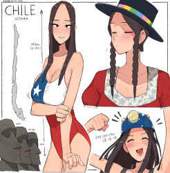 Rule 34 | 1girl, breasts, brown hair, chile, chile (ohasi), chilean female, chilean flag, chilean flag swimsuit, cleavage, covered navel, dress, female focus, hat, long hair, ohasi, one-piece swimsuit, swimsuit