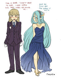 Rule 34 | 2girls, alternate costume, aqua hair, arms behind back, artist name, azura (fire emblem), blonde hair, blue dress, blush, breasts, cleavage, clenched hands, corrin (female) (fire emblem), corrin (fire emblem), crossdressing, dress, embarrassed, english text, fire emblem, fire emblem fates, formal, full body, gloves, long hair, looking at another, looking down, multiple girls, nintendo, pointy ears, sketch, sleeveless, sleeveless dress, suit, ticcy, tuxedo, very long hair, white gloves