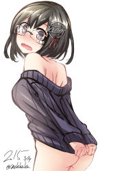 Rule 34 | 10s, 1girl, ass, bad id, bad pixiv id, bare shoulders, black hair, blush, brown eyes, glasses, haguro (kancolle), kantai collection, naked sweater, nekobaka, ribbed sweater, short hair, simple background, solo, sweater, white background