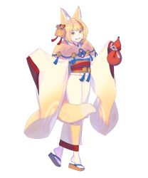 1girl animal_ear_fluff animal_ears blonde_hair brown_eyes brown_hair enkyo_yuuichirou female_focus fire_emblem fire_emblem_fates fire_emblem_heroes fox_ears fox_girl fox_tail full_body grin head_tilt highres japanese_clothes kimono multicolored_hair nintendo obi official_art sandals sash selkie_(fire_emblem) short_hair smile solo standing tabi tail transparent_background white_legwear wide_sleeves zouri