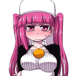 Rule 34 | 1girl, bleach, blush, breasts, closed mouth, commentary request, dokugamine riruka, eyelashes, food, frown, fruit, hanya (hanya yashiki), hat, large breasts, long hair, looking at viewer, mandarin orange, orange (fruit), purple eyes, purple hair, simple background, solo, twintails, white background, white hat
