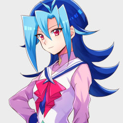 Rule 34 | 1girl, blue hair, closed mouth, dyed bangs, grey background, hair between eyes, hair intakes, kamishiro rio, long hair, long sleeves, mikami (mkm0v0), multicolored hair, pink shirt, red eyes, red neckwear, shirt, smile, solo, spiked hair, turtleneck, two-tone hair, upper body, vest, white vest, yu-gi-oh!, yu-gi-oh! zexal