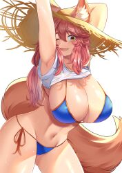 Rule 34 | 1girl, animal ears, arm up, armpits, bikini, blue bikini, breasts, byte-artist, cleavage, clothes lift, collarbone, fang, fate/grand order, fate (series), fox ears, fox girl, fox tail, hair between eyes, hair tie, hat, highres, huge breasts, long hair, looking at viewer, navel, one eye closed, open mouth, orange trim, pink hair, shirt, shirt lift, side-tie bikini bottom, simple background, smile, solo, stomach, straw hat, swimsuit, tail, tamamo (fate), tamamo no mae (fate/extra), tamamo no mae (swimsuit lancer) (fate), thighs, wet, white background, white shirt