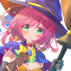 Rule 34 | 1girl, alice wishheart, blue cape, blue hat, bow, breasts, brooch, broom, brown gloves, bucchake (asami), cape, choker, cleavage, earrings, gloves, green eyes, hat, holding, holding broom, jewelry, large breasts, looking at viewer, magical halloween, medium hair, parted lips, pink hair, red choker, simple background, solo, star (symbol), star earrings, upper body, white background, witch hat, yellow bow