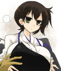 Rule 34 | ..., 10s, 1girl, blush, breasts, brown eyes, brown hair, huge breasts, japanese clothes, kaga (kancolle), kantai collection, long hair, muneate, oro (zetsubou girl), short hair, side ponytail, solo