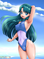 Rule 34 | 1girl, bad id, bad pixiv id, blue eyes, blue hair, breasts, cameltoe, cleft of venus, covered erect nipples, day, go! princess precure, gradient background, kaidou minami, large breasts, long hair, matching hair/eyes, one-piece swimsuit, onoe, precure, solo, standing, swimsuit
