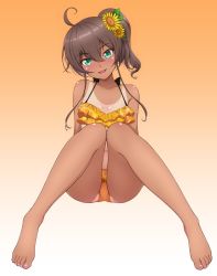 Rule 34 | 1girl, :d, ahoge, bare legs, bare shoulders, barefoot, bikini, breasts, brown hair, collarbone, commentary request, flower, frilled bikini, frills, full body, gradient background, green eyes, hair between eyes, hair flower, hair ornament, head tilt, highres, hololive, knees together feet apart, legs, looking at viewer, natsuiro matsuri, natsuiro matsuri (hololive summer 2019), one-piece tan, open mouth, orange background, p-nekoe, side ponytail, simple background, small breasts, smile, solo, sunflower, sunflower hair ornament, swimsuit, tan, tanline, virtual youtuber
