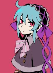 Rule 34 | bad link, blue hair, brown dress, dress, hair ribbon, looking at viewer, memento marchen, multicolored hair, pink eyes, red background, ribbon, rusha (memento marchen), serious, short hair, wakaba