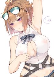 Rule 34 | ..., 1girl, absurdres, ahoge, arm up, armpits, belt, black-framed eyewear, black ribbon, blue-tinted eyewear, blush, breasts, brown hair, commentary request, covered erect nipples, dutch angle, ear blush, eyewear on head, girls&#039; frontline, glasses, grizzly mkv (girls&#039; frontline), highres, jingo, korean commentary, large breasts, looking away, looking to the side, neck ribbon, nipples, no bra, o-ring, opaque glasses, open clothes, open shirt, parted lips, partial commentary, purple eyes, ribbon, see-through, shirt, short hair, simple background, slit pupils, solo, speech bubble, spoken ellipsis, sweat, tinted eyewear, translation request, upper body, white background, white shirt