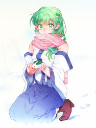 Rule 34 | 1girl, :o, arms up, blue skirt, boots, commentary request, detached sleeves, fingernails, footprints, frog hair ornament, green eyes, green hair, hair ornament, hair tubes, highres, holding, kneeling, kochiya sanae, long hair, looking at viewer, nontraditional miko, pink scarf, polka dot, polka dot skirt, purple footwear, scarf, sibata maru, simple background, skirt, snake hair ornament, snow, snow rabbit, solo, touhou, unmoving pattern, very long hair, white background