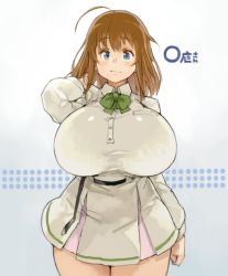 Rule 34 | 1girl, ahoge, belt, blue eyes, bow, breasts, brown hair, curvy, huge breasts, long hair, looking at viewer, ooba minori, original, sachito, school uniform, skirt, smile, solo, standing, thick thighs, thighs, wide hips