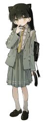 Rule 34 | 1girl, absurdres, animal ears, backpack, bag, black footwear, black hair, blush, brown necktie, cat ears, cat tail, closed mouth, collared shirt, earrings, full body, green jacket, hand up, highres, holding, holding own tail, jacket, jewelry, loafers, long hair, long sleeves, looking at viewer, medium hair, mormormorp, necktie, open clothes, open jacket, original, pleated skirt, school bag, school uniform, shirt, shoes, shoulder bag, simple background, skirt, socks, solo, standing, tail, white background, white shirt, white socks, yellow eyes, yellow necktie