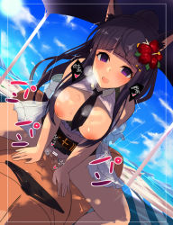 Rule 34 | 1boy, 1girl, absurdres, animal ears, bar censor, beach, belt, belt buckle, black belt, blue sky, blunt bangs, blush, breasts, breath, buckle, censored, cloud, commentary, cowgirl position, day, dog ears, flower, girl on top, hair flower, hair ornament, hetero, highres, kasumi (princess connect!), kasumi (summer) (princess connect!), large breasts, looking at viewer, navel, necktie, nipples, official alternate costume, open mouth, outdoors, parasol, penis, ponytail, princess connect!, purple eyes, purple hair, pussy, sex, shade, shore, skirt, sky, steam, straddling, sunlight, swimsuit, symbol-only commentary, towel, umbrella, unworn bikini bottom, vaginal, yodori