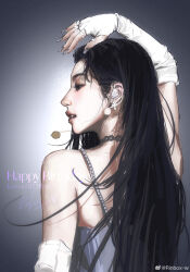 Rule 34 | 1girl, absurdres, aespa, black hair, dated, dress, earpiece, elbow gloves, fingerless gloves, gloves, grey background, grey choker, grey dress, grey nails, hair behind ear, happy birthday, highres, jewelry, k-pop, karina (aespa), long hair, looking to the side, mole, mole under mouth, multiple rings, nail polish, parted lips, real life, realistic, rinbox-w, ring, signature, solo, very long hair, weibo logo, weibo watermark, white gloves