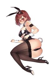 Rule 34 | 1girl, 92m, animal ears, arm garter, bare shoulders, black leotard, blush, breasts, brown thighhighs, closed mouth, fake animal ears, fake tail, full body, glasses, highres, kinshi no ane (92m), large breasts, leotard, looking at viewer, lying, on side, original, playboy bunny, rabbit ears, rabbit tail, red-framed eyewear, red eyes, red hair, short hair, smile, solo, tail, thighhighs, transparent background