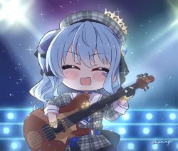 Rule 34 | 1girl, :d, ^ ^, bass guitar, beret, blue hair, blurry, blush stickers, bokeh, chibi, closed eyes, commentary, crown, depth of field, dress, english commentary, grey dress, grey hat, hair ribbon, hat, holding, holding instrument, hololive, hoshimachi suisei, hoshimachi suisei (1st costume), instrument, kukie-nyan, music, open mouth, plaid, plaid dress, playing instrument, ribbon, short dress, short hair, side ponytail, smile, solo, sparkle, stage, twitter username, virtual youtuber