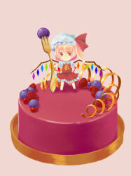 Rule 34 | 1girl, ascot, blonde hair, cake, chibi, chibi only, collared shirt, devirock, flandre scarlet, food, fork, frilled shirt collar, frilled skirt, frills, fruit, full body, hair between eyes, hat, holding, holding fork, long hair, mini person, minigirl, mob cap, multicolored wings, one side up, pink background, puffy short sleeves, puffy sleeves, red eyes, red skirt, red vest, shirt, short sleeves, simple background, skirt, solo, standing on object, touhou, vest, white hat, white shirt, wings, yellow ascot