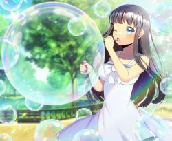Rule 34 | 1girl, ;o, bare arms, bare shoulders, black hair, blue eyes, blue sky, blurry, blurry background, blush, bow, breasts, bubble pipe, cloud, commentary request, commission, day, depth of field, dress, fence, holding, kou hiyoyo, lake, long hair, medium breasts, one eye closed, open mouth, original, outdoors, skeb commission, sky, sleeveless, sleeveless dress, soap bubbles, solo, tree, very long hair, water, white bow, white dress