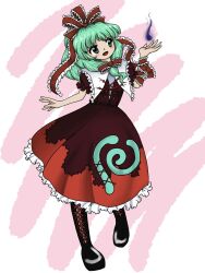 Rule 34 | 1girl, absurdres, arm ribbon, black footwear, capelet, commentary, cross-laced footwear, frilled ribbon, frills, front ponytail, full body, green eyes, green hair, hair ribbon, highres, kagiyama hina, multicolored hair, ofuton (rxn vm), open mouth, pink background, red ribbon, ribbon, solo, touhou, two-tone hair, white capelet, zun (style)
