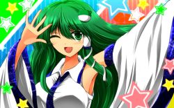 Rule 34 | 1girl, arm up, armpits, bare shoulders, breasts, colored eyelashes, detached sleeves, eyelashes, closed eyes, frog hair ornament, green eyes, green hair, hair ornament, hair tubes, hand up, highres, kochiya sanae, large breasts, long hair, matching hair/eyes, nekominase, open mouth, ribbon-trimmed sleeves, ribbon trim, shirt, skirt, smile, snake hair ornament, solo, star (symbol), taut clothes, taut shirt, touhou, upper body