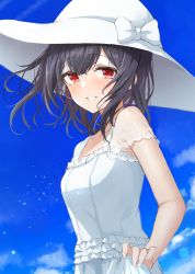 Rule 34 | 1girl, absurdres, black hair, blue sky, blush, bow, commentary request, day, dress, frilled dress, frills, hat, hat bow, highres, idolmaster, idolmaster shiny colors, long hair, looking at viewer, morino rinze, outdoors, red eyes, see-through, see-through sleeves, short sleeves, sky, solo, sun hat, sundress, tonguewasabi, upper body, white dress