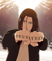 Rule 34 | 1boy, black coat, brown hair, clenched hands, coat, commentary, english text, eren yeager, finger tattoo, frown, green eyes, hair between eyes, hanpetos, male focus, medium hair, shingeki no kyojin, solo, tattoo, upper body
