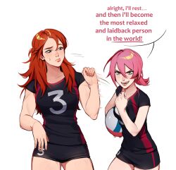 Rule 34 | 2girls, ball, bike shorts, black shirt, black shorts, braid, carrying, carrying under arm, clenched hand, closed mouth, cowboy shot, determined, double-parted bangs, english text, facing viewer, french braid, hair between eyes, hand up, highres, holding, holding ball, lavelis, long hair, looking ahead, looking at another, messy hair, multiple girls, muscular, muscular female, open hand, open mouth, original, pink hair, pout, raised eyebrow, red eyes, red hair, red trim, shirt, short hair, shorts, simple background, speech bubble, sportswear, standing, sweatdrop, talking, three quarter view, v-shaped eyebrows, volleyball (object), volleyball uniform, white background, yellow eyes