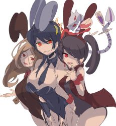 Rule 34 | 3girls, absurdres, alternate color, animal ears, bow, bowtie, breasts, cowboy shot, cup, drinking glass, fake animal ears, filia (skullgirls), highres, leotard, leviathan (skullgirls), long hair, looking at viewer, multiple girls, necktie, painwheel (skullgirls), playboy bunny, rabbit ears, red eyes, samson (skullgirls), sarruro, scar, skullgirls, smile, squigly (skullgirls), stitched mouth, stitches, twintails, wine glass, wrist cuffs, yellow eyes