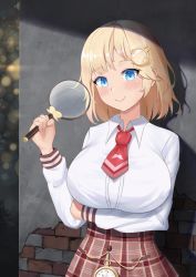 Rule 34 | 1girl, arm under breasts, blonde hair, blue eyes, blush, breasts, closed mouth, collared shirt, commentary request, detective, hair ornament, highres, holding, hololive, hololive english, huge breasts, long sleeves, looking at viewer, magnifying glass, medium hair, mustache print, necktie, outdoors, peterchuu, plaid, plaid skirt, red necktie, shirt, skirt, smile, solo, stone wall, virtual youtuber, wall, watson amelia, watson amelia (1st costume), white shirt