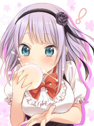 Rule 34 | !, 10s, 1girl, baozi, black flower, black ribbon, black rose, blue eyes, blush, bow, bowtie, breasts, chahan, dagashi kashi, eating, eyebrows, female focus, floral background, flower, food, food request, frilled shirt, frills, hair ornament, hairband, high-waist skirt, holding, holding food, large breasts, looking at viewer, nail polish, open m/, puffy short sleeves, puffy sleeves, purple hair, reaching, red bow, red bowtie, red nails, ribbon, rose, sexually suggestive, shidare hotaru, shirt, short hair, short sleeves, skirt, solo, spill, suggestive fluid, suspender skirt, suspenders, sweat, sweets, upper body, white shirt