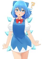 Rule 34 | 1girl, ?, arms at sides, blue bow, blue dress, blue eyes, blue hair, bow, bowtie, cirno, dress, hair bow, highres, large bow, mizune (winter), red bow, red bowtie, shirt, short hair, short sleeves, solo, touhou, white background, white shirt