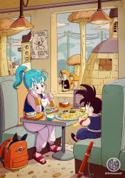 Rule 34 | 1boy, 1girl, bag, black hair, blue eyes, blue hair, booth seating, breasts, bulma, cafe, child, commentary request, desert, diner, dragon ball, dragon ball (classic), eating, food, highres, holding, ice cream, indoors, norita (6110885), open mouth, ponytail, power lines, restaurant, sandals, school bag, sitting, smile, son goku, spiked hair, spoon, staff, table