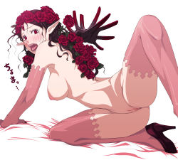 Rule 34 | 1girl, anus, blush, breasts, brown hair, censored, elbow gloves, elf, embarrassed, flower, gloves, high heels, homunculus, large breasts, lif (ragnarok online), long hair, mr.romance, nipples, nude, pointy ears, pussy, ragnarok online, red eyes, rose, shoes, solo, thighhighs, translation request