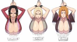 Rule 34 | 3girls, armpits, arms up, bad id, bad twitter id, bdsm, black hair, bleach, blonde hair, boa hancock, bondage, bound, breasts, chain, cleavage, cuffs, earrings, facial mark, forehead mark, glaring, hanging breasts, highres, huge breasts, iwao178, japanese clothes, jewelry, long hair, looking at viewer, matsumoto rangiku, mature female, mole, mole under mouth, multiple girls, naruto, naruto (series), necklace, one piece, orange hair, restrained, scowl, shackles, shiny skin, through wall, tsunade (naruto)