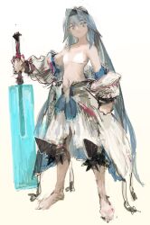 Rule 34 | 1girl, bare shoulders, barefoot, blue eyes, bra, breasts, clothing request, full body, hakusaku, headband, highres, holding, holding weapon, long hair, looking at viewer, midriff, navel, original, simple background, sketch, small breasts, solo, underwear, very long hair, weapon, white background, white bra