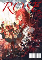 Rule 34 | 1boy, ahoge, alternate costume, androgynous, argenti (honkai: star rail), barcode, bouquet, character name, closed eyes, cover, english text, flower, hair between eyes, highres, holding, holding bouquet, honkai: star rail, honkai (series), looking down, magazine cover, male focus, multicolored hair, red flower, red hair, red rose, rose, shirt, solo, streaked hair, upper body, white shirt, white sleeves, yichensang