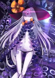 Rule 34 | 1girl, abigail williams (fate), abigail williams (third ascension) (fate), black bow, black gloves, black hat, black panties, bow, commentary request, dutch angle, elbow gloves, fate/grand order, fate (series), gloves, glowing, grin, hat, hat bow, highres, kayanogura, long hair, looking at viewer, navel, orange bow, pale skin, panties, parted bangs, pink eyes, print bow, revealing clothes, sharp teeth, smile, solo, star (symbol), star print, suction cups, teeth, tentacles, topless, underwear, very long hair, white hair, witch hat