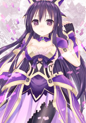 Rule 34 | 10s, 1girl, arm up, armor, armored dress, black gloves, black pantyhose, blush, breasts, cowboy shot, date a live, fingerless gloves, gloves, ikeda yuuki, long hair, looking at viewer, open mouth, palms, pantyhose, pointy ears, purple eyes, purple hair, revision, ribbon, short sleeves, smile, solo, standing, tareme, thighhighs, very long hair, yatogami tooka