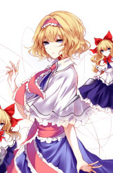 Rule 34 | 1girl, absurdres, alice margatroid, apron, bad id, bad pixiv id, blonde hair, blue dress, blue eyes, bow, capelet, closed mouth, dress, from side, hair bow, hairband, highres, jewelry, lolita hairband, looking at viewer, looking to the side, neck ribbon, puppet rings, puppet strings, red bow, ribbon, ring, sash, shanghai doll, sheya, short hair, simple background, solo, touhou, waist apron, white background