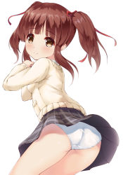 Rule 34 | 1girl, ass, blush, brown eyes, brown hair, brown skirt, brown sweater, closed mouth, commentary request, hair ribbon, head tilt, highres, idolmaster, idolmaster cinderella girls, kuroba aki, long hair, long sleeves, looking at viewer, looking back, ogata chieri, panties, plaid, plaid skirt, pleated skirt, red ribbon, ribbon, sidelocks, simple background, skirt, smile, solo, sweater, twintails, underwear, white background, white panties