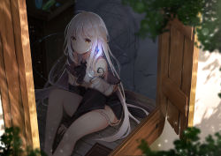 Rule 34 | 1girl, absurdres, ahoge, bare shoulders, black coat, blurry, blurry foreground, book, bow, bowtie, coat, collared shirt, crystal, highres, huge filesize, jewelry, knee up, koki (latte1023), long hair, long sleeves, looking at viewer, magic circle, messy hair, original, parted lips, pleated skirt, red eyes, shirt, sidelocks, silver hair, sitting, skirt, sleeves past wrists, solo, tattoo, thighs, white shirt, white skirt, witch