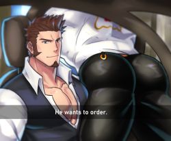 Rule 34 | 2boys, ass, bara, beard, blue eyes, brown hair, car, collared shirt, denim, english text, facial hair, fake phone screenshot, fake screenshot, fate/grand order, fate (series), feet out of frame, he wants to order (meme), highres, huge ass, iskandar (fate), jeans, loboke, looking at viewer, male focus, manly, mature male, meme, motor vehicle, multiple boys, muscular, muscular male, napoleon bonaparte (fate), pants, pectoral cleavage, pectorals, shirt, smile, snapchat, spiked hair, t-shirt, tight clothes