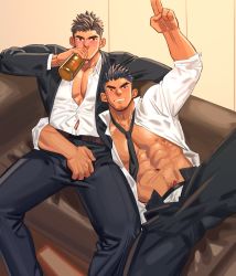 Rule 34 | 2boys, abs, alcohol, bara, bare pectorals, beard, black hair, black pants, blush, bottle, bulge, couch, couple, crotch grab, crotch rub, drinking, drunk, facial hair, feet out of frame, grabbing, highres, large pectorals, looking at viewer, male focus, manly, multiple boys, muscular, navel, navel hair, necktie, nipples, open clothes, open pants, open shirt, original, pants, partially unbuttoned, partially undressed, pectoral cleavage, pectorals, penis, penis peek, salaryman, shirt, short hair, sideburns, stubble, yaoi, youchi123
