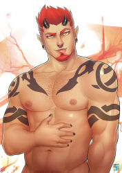 Rule 34 | 1boy, abs, arm tattoo, artist logo, artist name, bara, black nails, chest hair, demon, demon horns, earrings, facial hair, feet out of frame, hairy, highres, horns, hot, jewelry, large pectorals, looking at viewer, male focus, manly, mature male, muscular, muscular male, nail polish, navel hair, nipples, original, pectorals, puffy chest, red eyes, redgart, sam (red gart), short hair, simple background, solo, spiked hair, stubble, tattoo, tongue, tongue out, upper body, yellow eyes