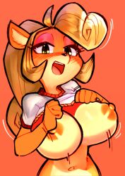 Rule 34 | 1girl, ahoge, alternate breast size, animal ears, blonde hair, blush, breast drop, breast focus, breast hold, breasts, breasts out, cleavage, clothes lift, clothes pull, coco bandicoot, contrast, crash bandicoot (series), exposed chest, exposed torso, exposing self, eyeshadow, flashing, functionally nude, furry, furry female, gradient background, green eyes, half-closed eyes, hanging breasts, happy, highres, huge ahoge, huge breasts, jaggy lines, long hair, looking at viewer, makeup, motion lines, navel, nipples, no bra, nude filter, open mouth, orange background, pink eyeshadow, pointy hair, ponytail, presenting, puffy areolae, puffy nipples, seductive gaze, seductive smile, shiny skin, shirt, shirt lift, short sleeves, showing off, showing off breasts, sidelocks, simple background, smile, solo, stomach, teeth, third-party edit, tongue, underboob, upper body, upper teeth only, wamudraws, white shirt