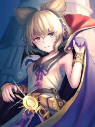 Rule 34 | 1girl, belt, black sailor collar, blurry, blurry background, bracelet, brown eyes, brown hair, cape, closed mouth, commentary, earmuffs, highres, jewelry, looking at viewer, pointy ears, purple cape, pygrenix, sailor collar, short hair, solo, touhou, toyosatomimi no miko