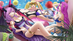 Rule 34 | 4girls, :d, adjusting eyewear, akashic chronicle, alice (akashic chronicle), arm behind head, arm up, bad id, bad pixiv id, bare legs, bikini, black one-piece swimsuit, blonde hair, blue bikini, braid, breasts, cleavage, closed mouth, clothing cutout, commentary, criss-cross halter, cup, demon girl, demon horns, demon wings, drinking straw, eating, fang, food, fruit, goggles, goggles on head, grapes, hair over one eye, halterneck, highres, holding, holding food, holding fruit, horns, inflatable raft, jewelry, large breasts, layla (akashic chronicle), leaf, lesley (akashic chronicle), lloule, long hair, looking at viewer, lying, medium breasts, midriff, multiple girls, multiple rings, nail polish, navel, navel cutout, necklace, on back, one-piece swimsuit, open mouth, parted lips, pink eyes, pointy ears, purple hair, purple nails, purple one-piece swimsuit, red eyes, ring, short hair, silver hair, sitting, smile, sunglasses, swimsuit, symbol-only commentary, thigh strap, twintails, very long hair, water, wings