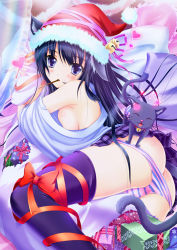 Rule 34 | 1girl, bell, black hair, black thighhighs, blue eyes, blush, bow, breasts, cat, food, hat, heart, jingle bell, large breasts, mouth hold, nisson, original, panties, pillow, plaid, plaid skirt, pocky, ribbon, santa hat, sideboob, skirt, solo, striped clothes, striped panties, thighhighs, underwear