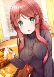 Rule 34 | 1girl, :o, blush, breasts, commentary request, day, feeding, food, fruit, green eyes, grey sweater, hair intakes, hair ornament, hairclip, holding, holding food, holding fruit, impossible clothes, impossible sweater, incoming food, indoors, kotatsu, large breasts, long hair, long sleeves, looking at viewer, mandarin orange, na53, original, parted lips, red hair, ribbed sweater, scrunchie, sitting, solo, sweater, table, turtleneck, turtleneck sweater