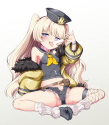 Rule 34 | 1girl, :d, :p, azur lane, bache (azur lane), belt, belt collar, bracelet, coat, collar, commentary request, denim, denim shorts, ebino mayo, food, full body, fur-trimmed coat, fur trim, hair between eyes, hat, highres, holding, holding food, indian style, jewelry, kneehighs, licking, light brown hair, long hair, looking at viewer, midriff, navel, off-shoulder coat, off shoulder, open mouth, popsicle, purple eyes, sailor collar, short shorts, shorts, sidelocks, simple background, sitting, smile, socks, solo, symbol-shaped pupils, tongue, tongue out, two side up, white background, white socks
